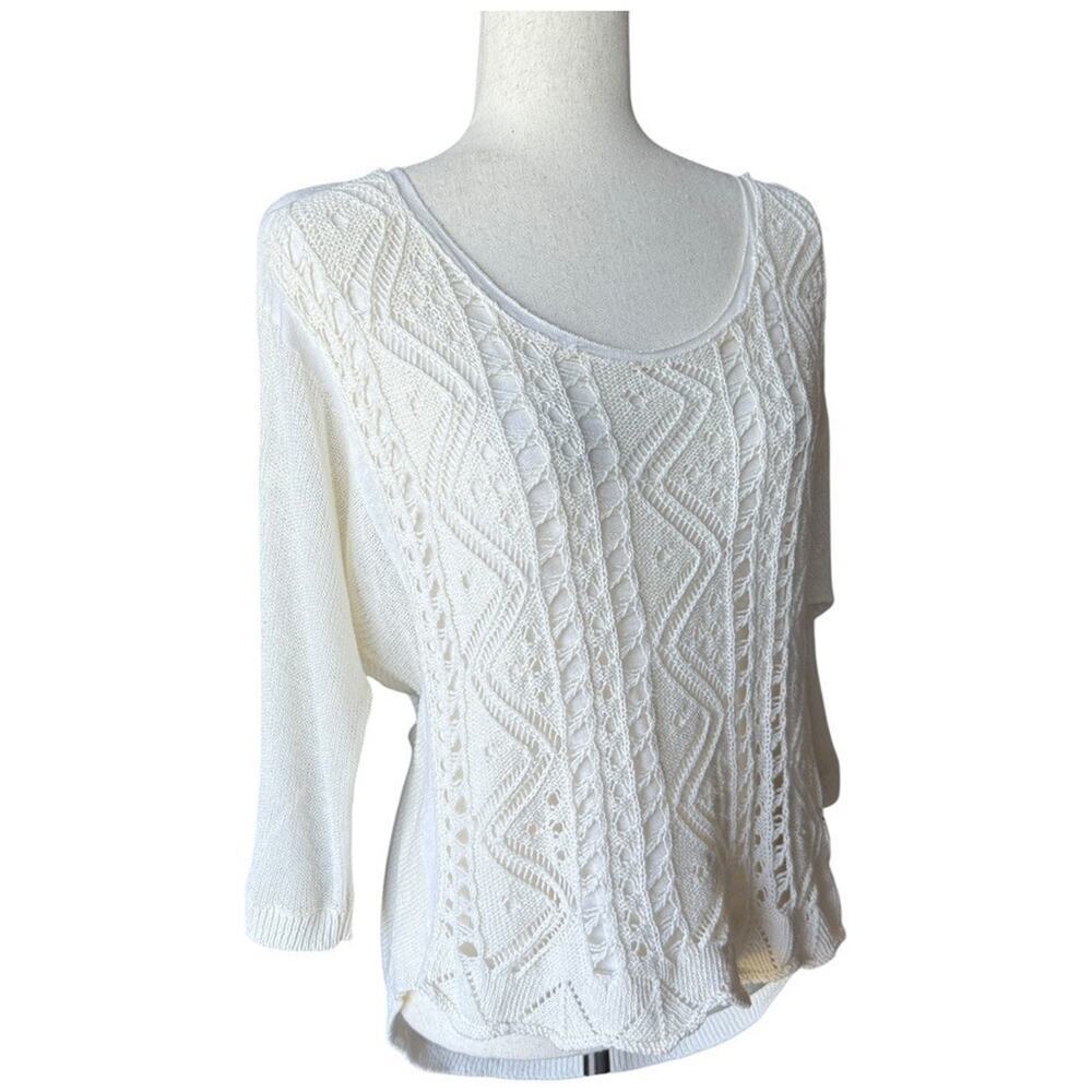 Moth Anthropologie Ivory Textured Knit Pullover Sweater 3/4 Sleeve Size Small